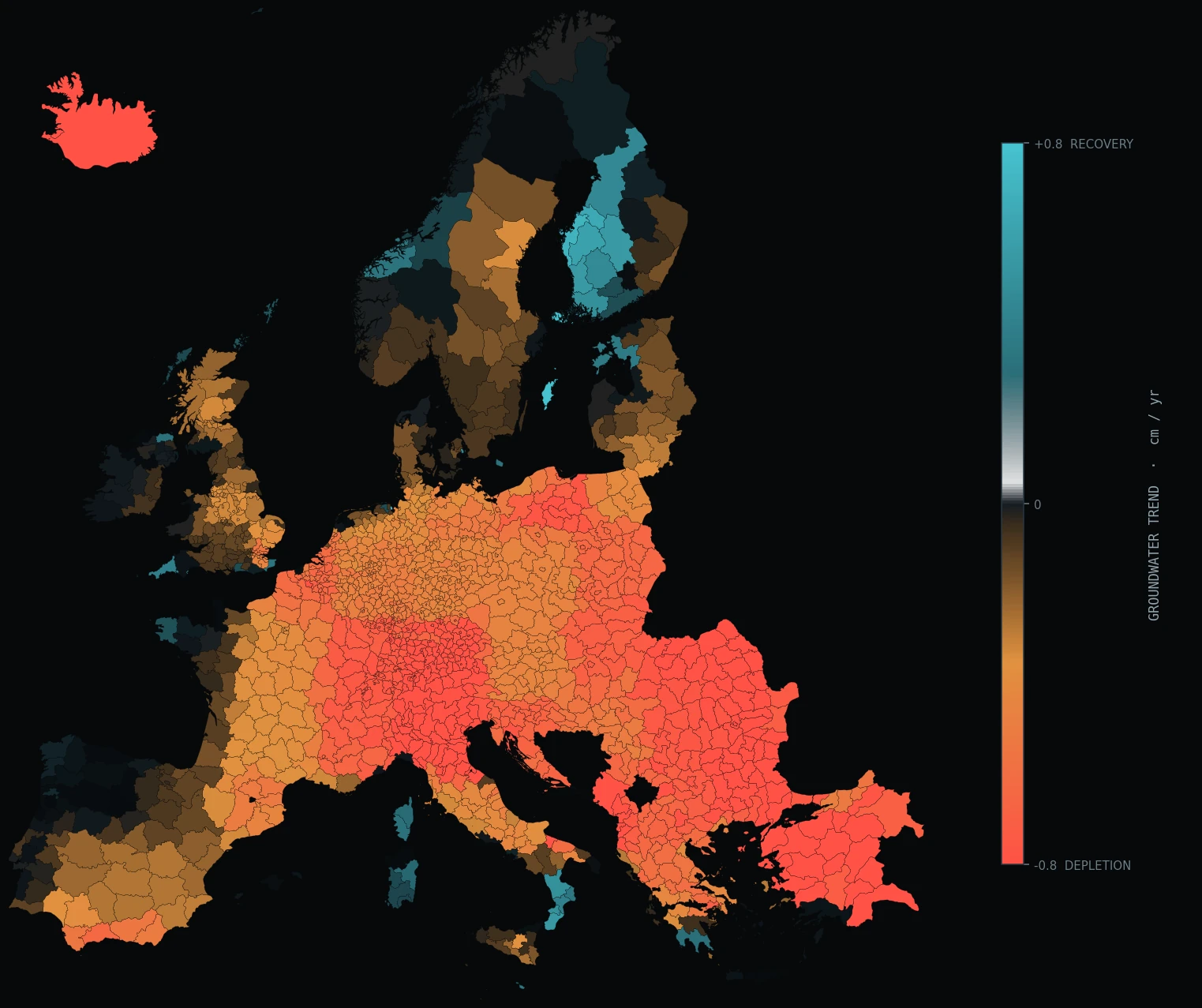 Map of Europe shaded by the multi-year trend in water stored underground, red where reserves are falling