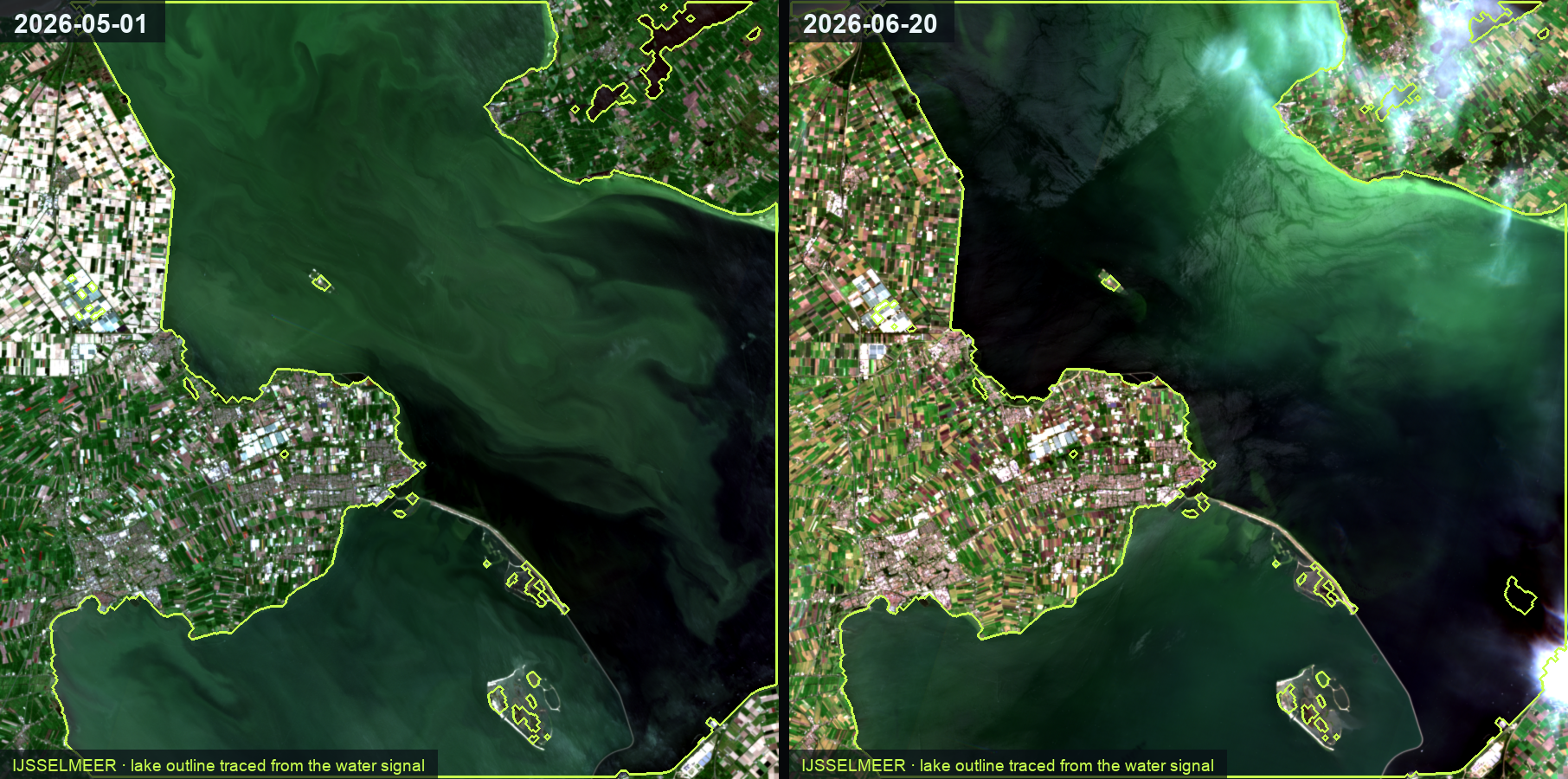 Two real satellite passes of the same lake — the water greening as an algal bloom builds between two 2026 passes, seen from orbit
