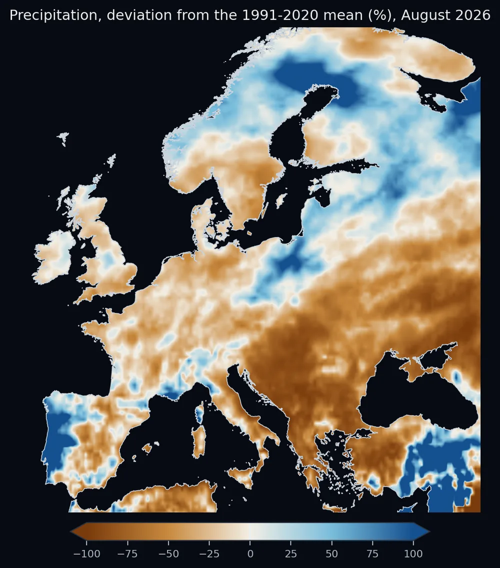 Precipitation in August 2026: deviation from the 1991-2020 mean in percent (zero is the mean). Browns mean less rain than usual, blues more.