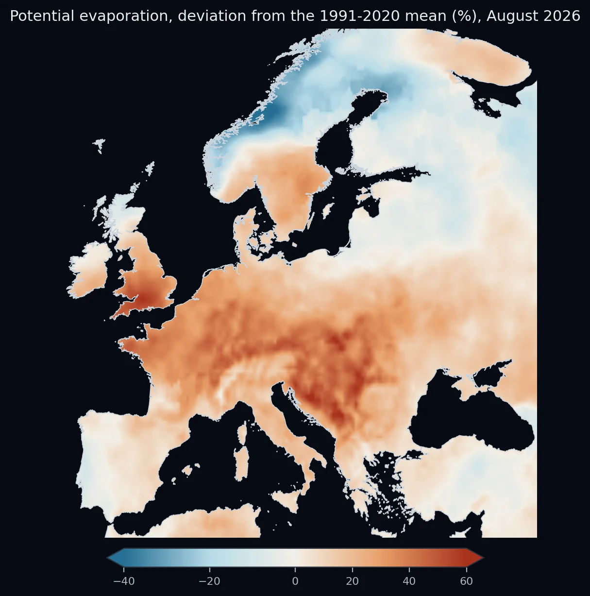 Potential evaporation (how much water could evaporate): deviation from the 1991-2020 mean in percent (zero is the mean). Reds mean more evaporation than usual.