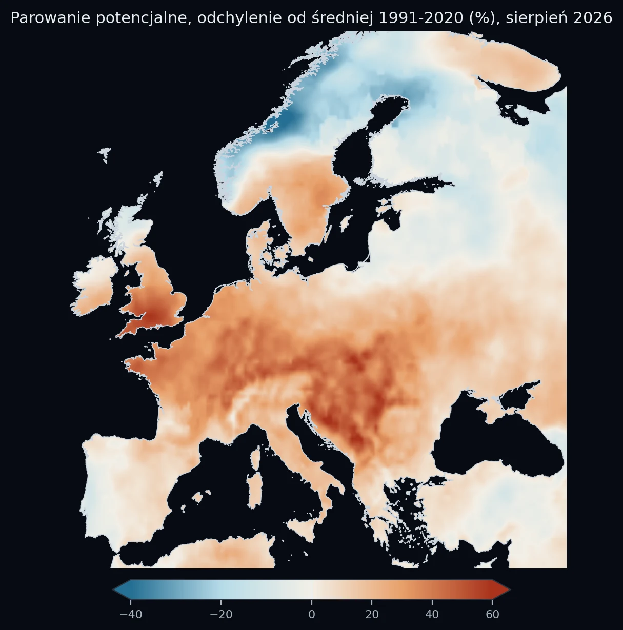 Parowanie potencjalne (ile wody mogłoby wyparować): odchylenie od średniej 1991-2020 w procentach (zero to średnia). Czerwienie to większe parowanie niż zwykle.