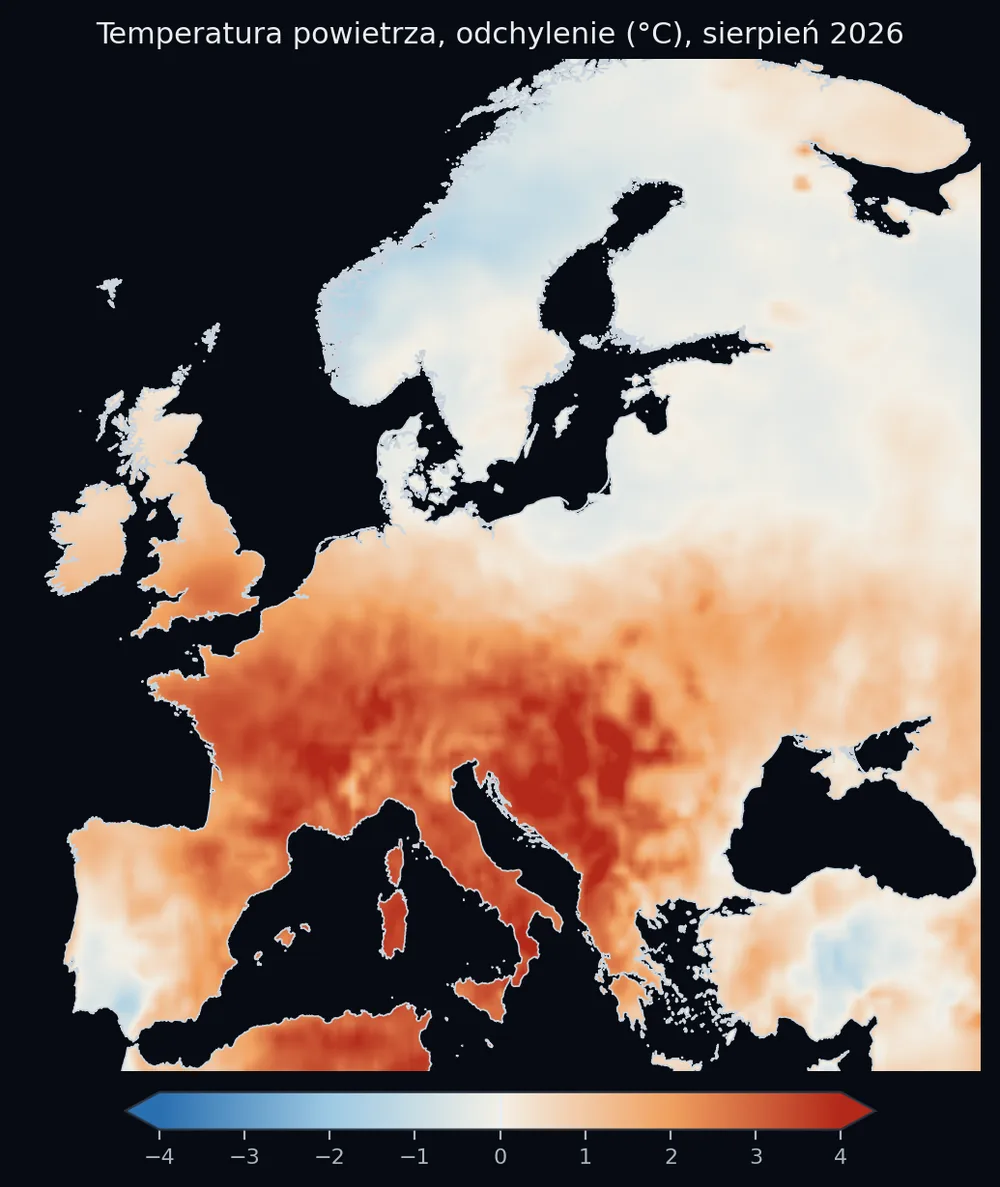 Temperatura powietrza, odchylenie od średniej 1991-2020 w °C (zero to średnia). Czerwienie to cieplej niż zwykle.