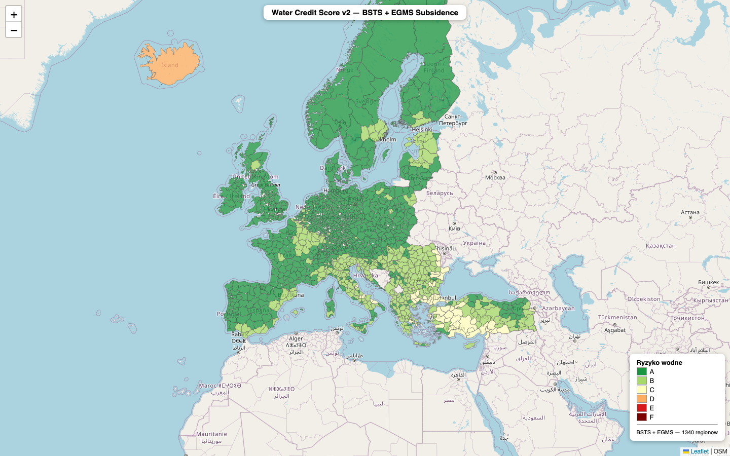 Water Credit Score map of Europe